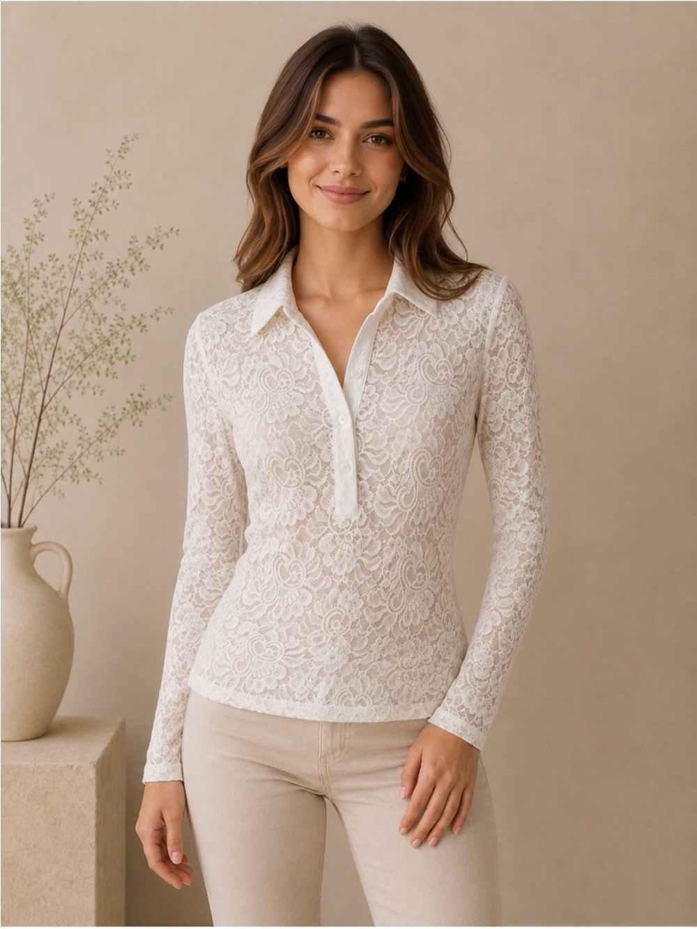LOFT - NWT - Long-Sleeve Lace Polo Top - Cream